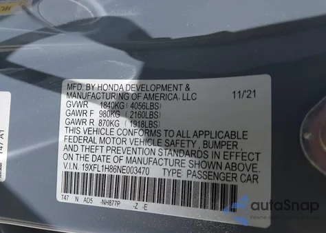 2022 Honda Civic Sport Touring from USA, damaged, VIN 19XFL1H86NE003470